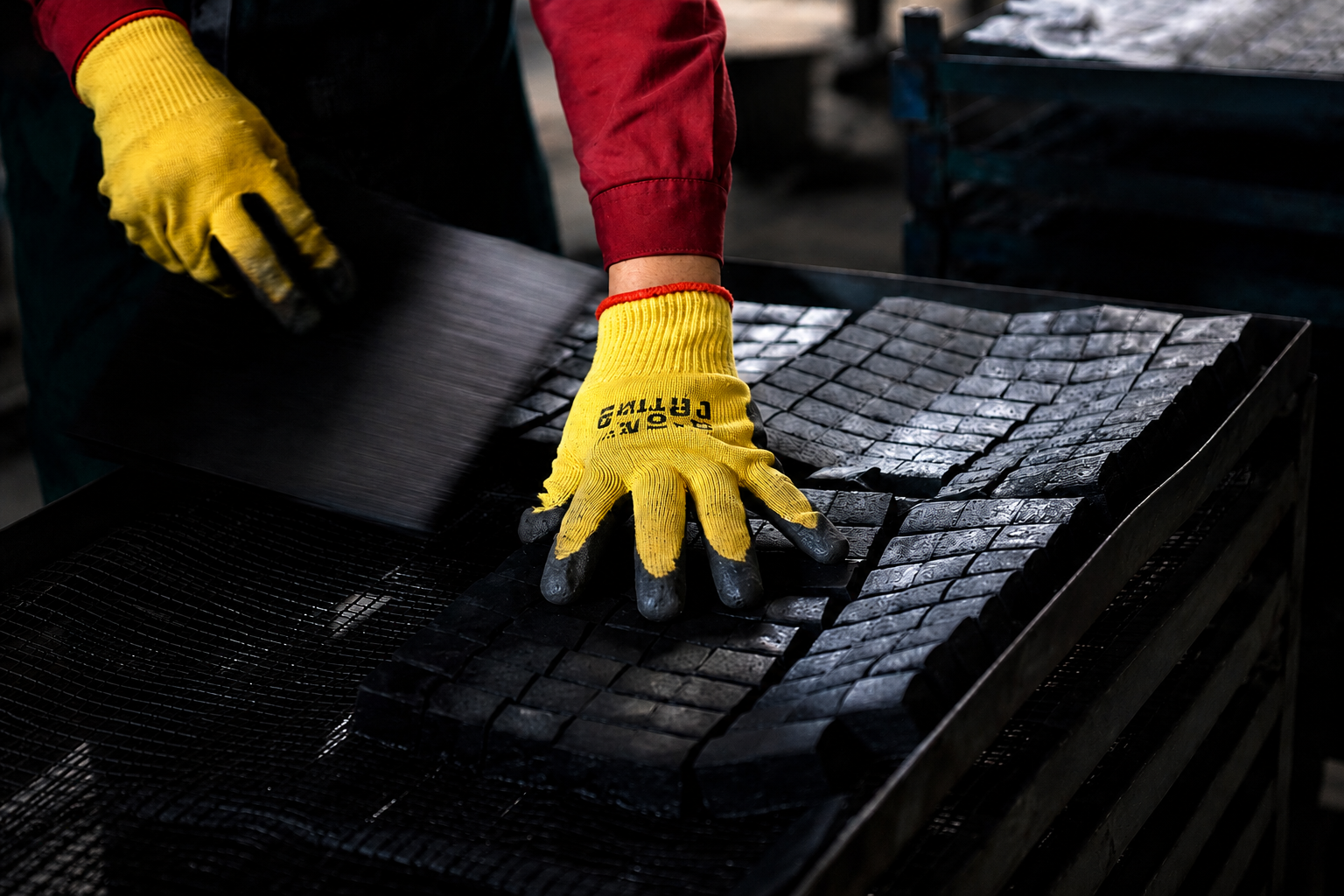 Worker arranging premium coconut shell charcoal cubes during the production process.